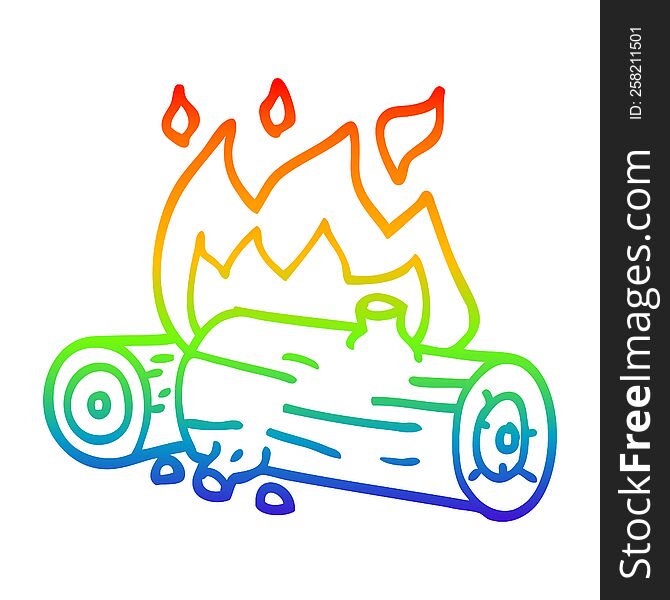 rainbow gradient line drawing of a cartoon burning logs