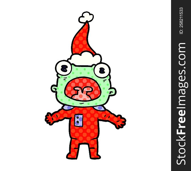 hand drawn comic book style illustration of a weird alien communicating wearing santa hat