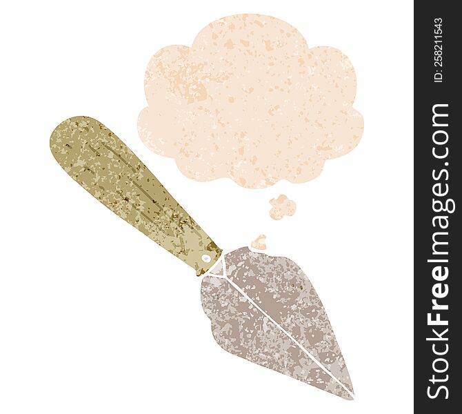 cartoon garden trowel and thought bubble in retro textured style
