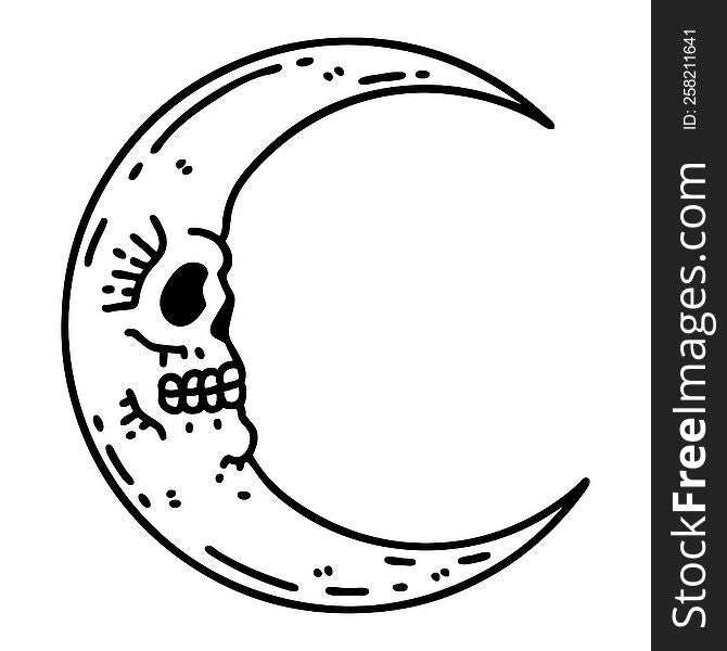 Black Line Tattoo Of A Skull Moon