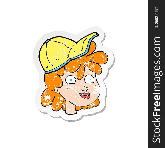 retro distressed sticker of a cartoon female face wearing cap