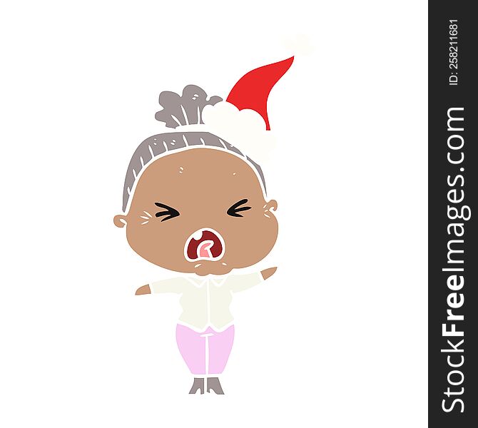 hand drawn flat color illustration of a angry old woman wearing santa hat