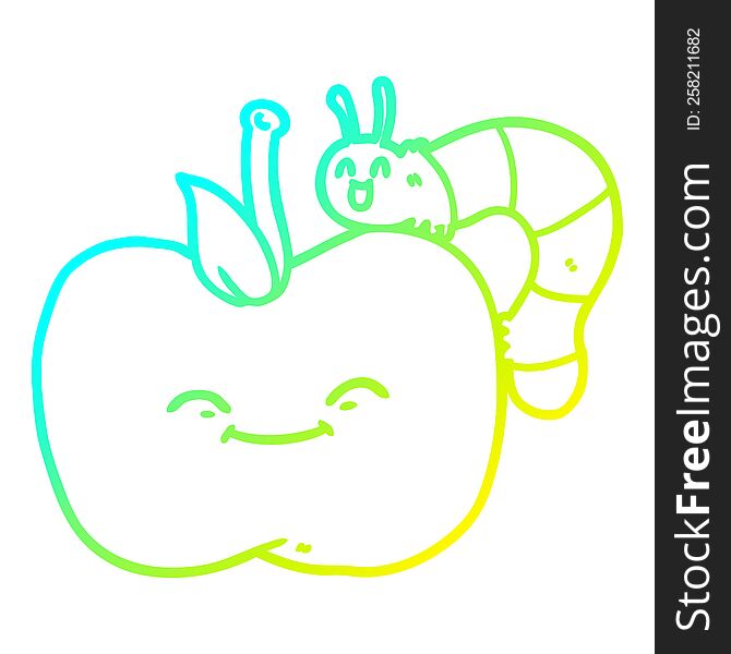 cold gradient line drawing of a cartoon apple and bug