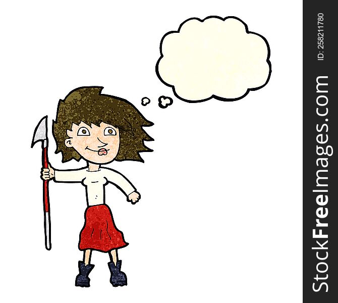 cartoon woman with spear with thought bubble