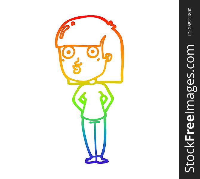 rainbow gradient line drawing of a cartoon woman staring