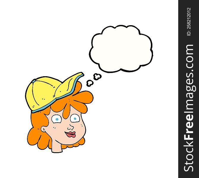 freehand drawn thought bubble cartoon woman wearing cap. freehand drawn thought bubble cartoon woman wearing cap