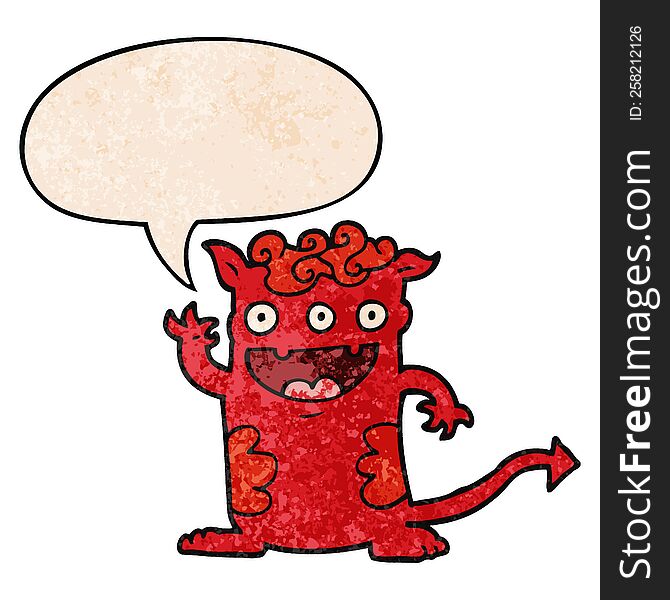 cartoon halloween monster with speech bubble in retro texture style