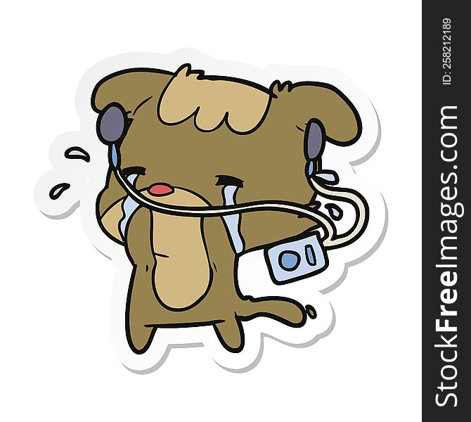 Sticker Of A Cartoon Sad Dog Listening To Music