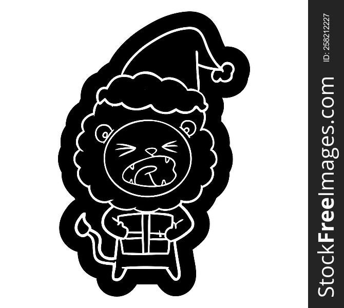 quirky cartoon icon of a lion with christmas present wearing santa hat