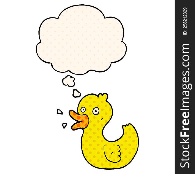 cartoon quacking duck with thought bubble in comic book style