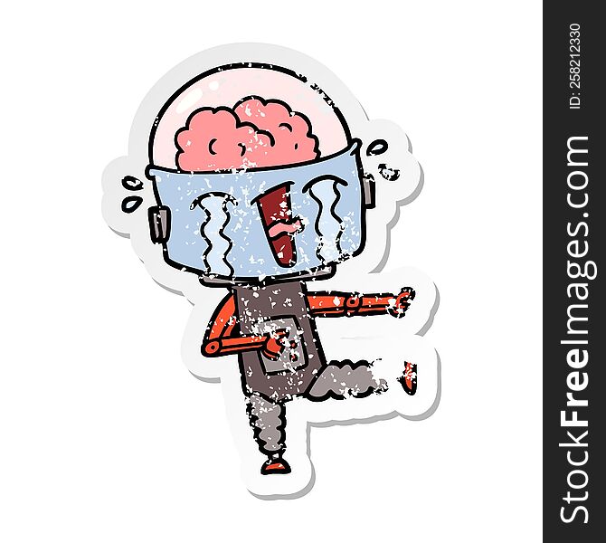 Distressed Sticker Of A Cartoon Crying Robot Pointing