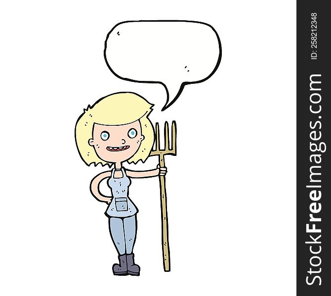 Cartoon Happy Farmer Girl With Speech Bubble