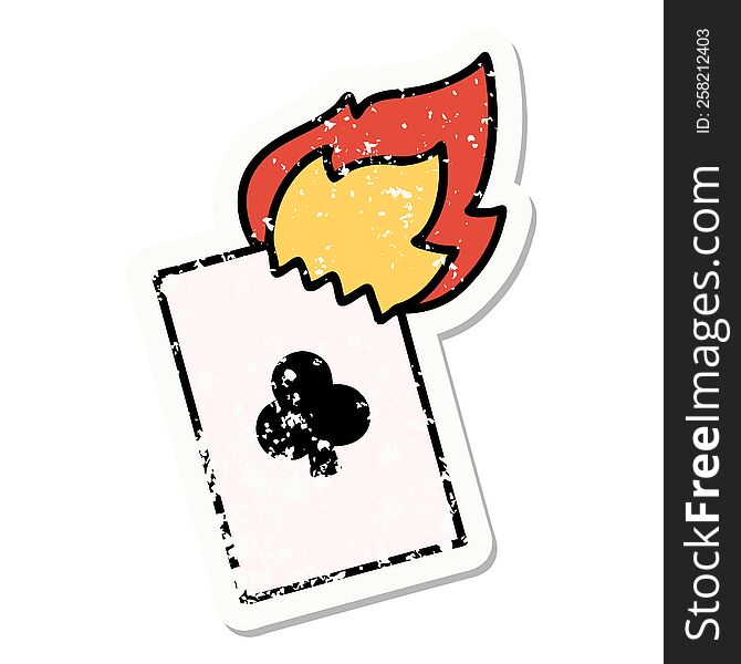 Traditional Distressed Sticker Tattoo Of A Flaming Card