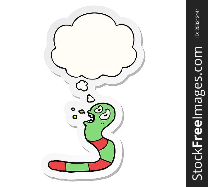 cartoon frightened worm with thought bubble as a printed sticker