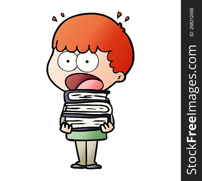 cartoon shocked boy with stack of books. cartoon shocked boy with stack of books