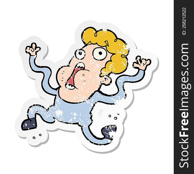 Distressed Sticker Of A Cartoon Terrified Man
