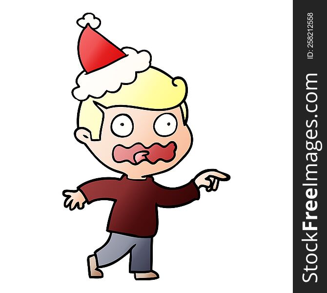 gradient cartoon of a stressed out pointing wearing santa hat