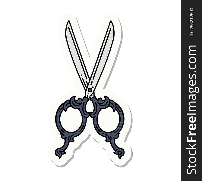 sticker of tattoo in traditional style of barber scissors. sticker of tattoo in traditional style of barber scissors