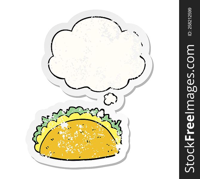 cartoon taco with thought bubble as a distressed worn sticker