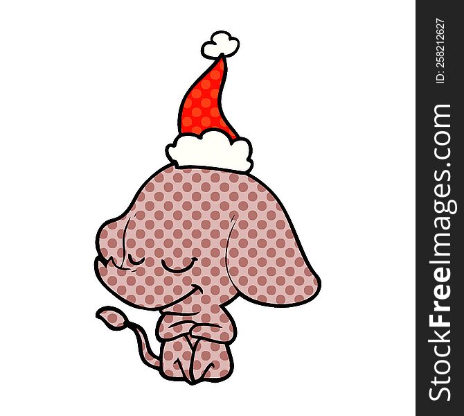 Comic Book Style Illustration Of A Smiling Elephant Wearing Santa Hat