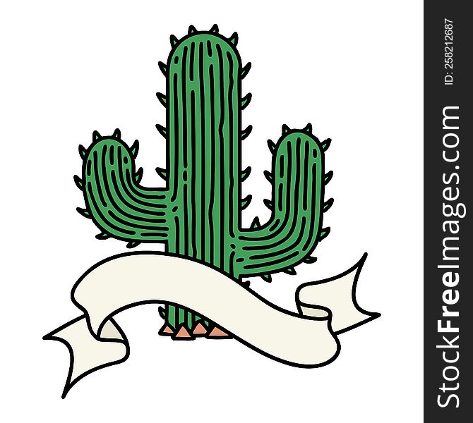traditional tattoo with banner of a cactus