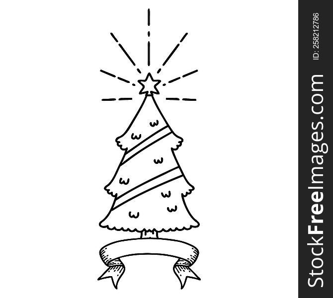 scroll banner with black line work tattoo style christmas tree with star
