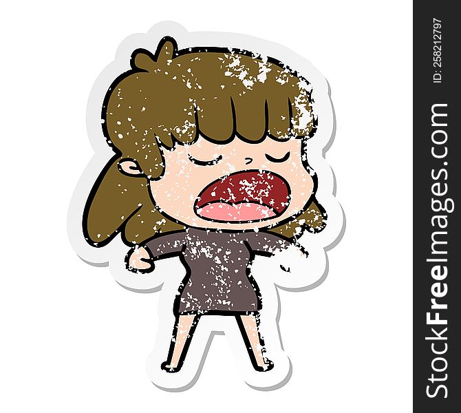 distressed sticker of a cartoon woman talking loudly