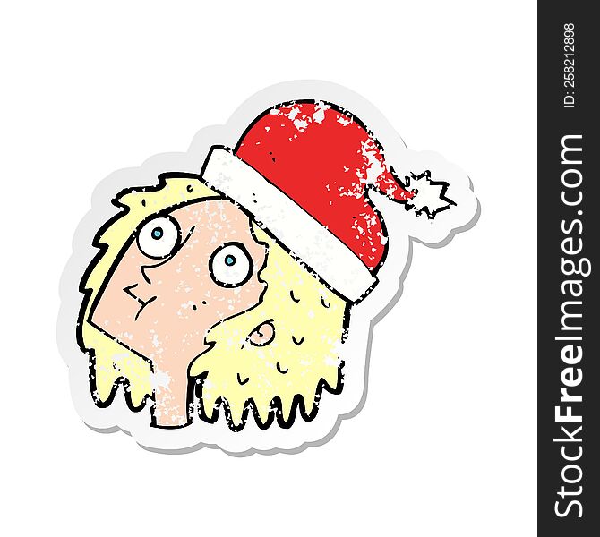 Retro Distressed Sticker Of A Cartoon Woman Wearing Christmas Hat