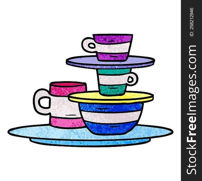 Textured Cartoon Doodle Of Colourful Bowls And Plates