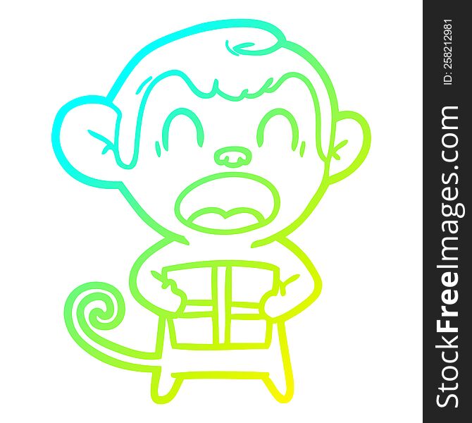 cold gradient line drawing of a shouting cartoon monkey carrying christmas gift