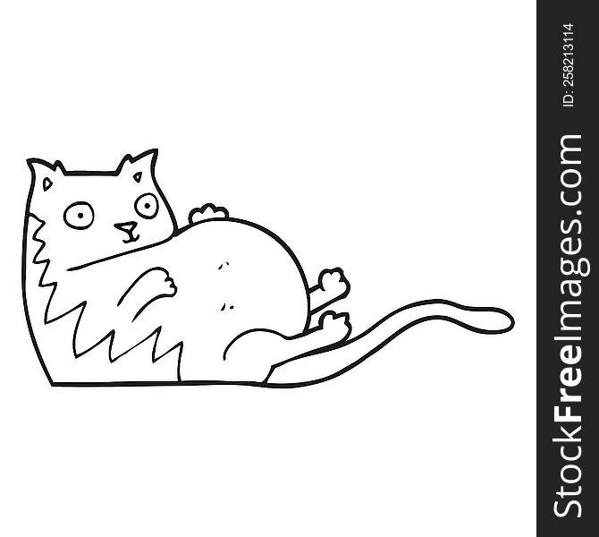 freehand drawn black and white cartoon fat cat