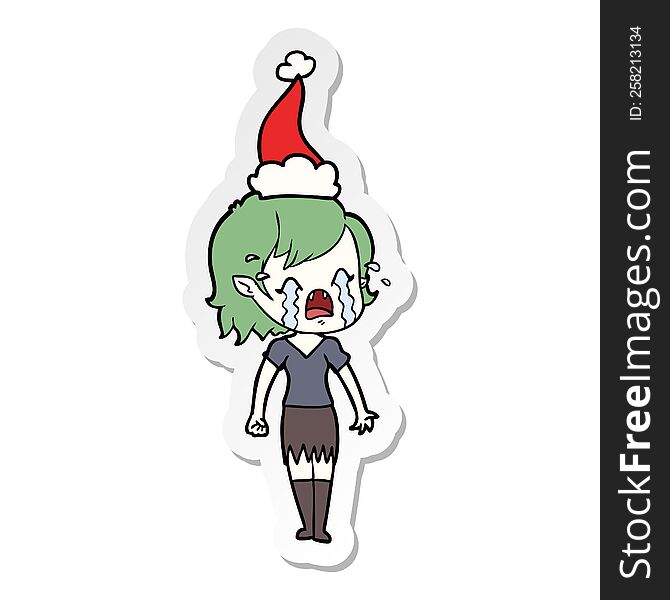 Sticker Cartoon Of A Crying Vampire Girl Wearing Santa Hat