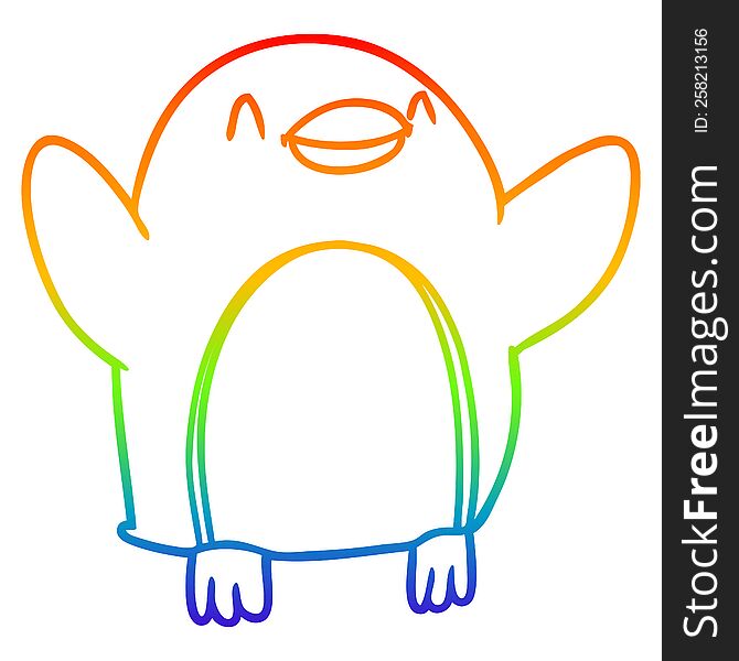 rainbow gradient line drawing of a cartoon penguin jumping for joy