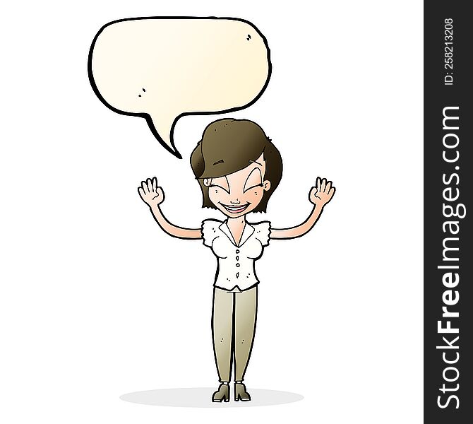 Cartoon Pretty Woman With Hands In Air With Speech Bubble
