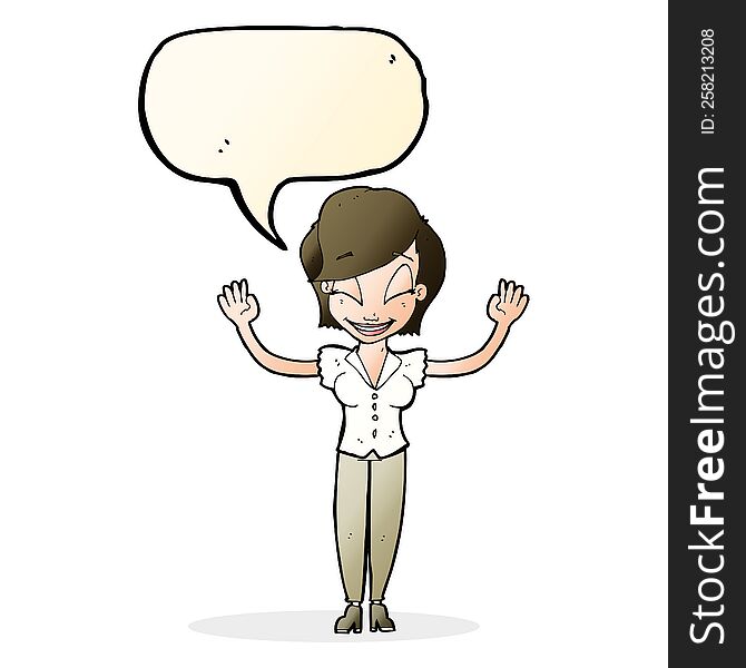 cartoon pretty woman with hands in air with speech bubble