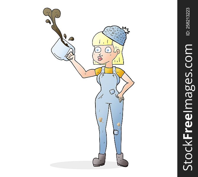 cartoon female worker with coffee mug