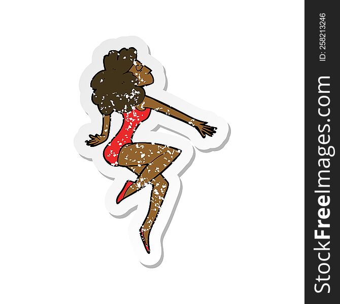 retro distressed sticker of a cartoon dancing woman