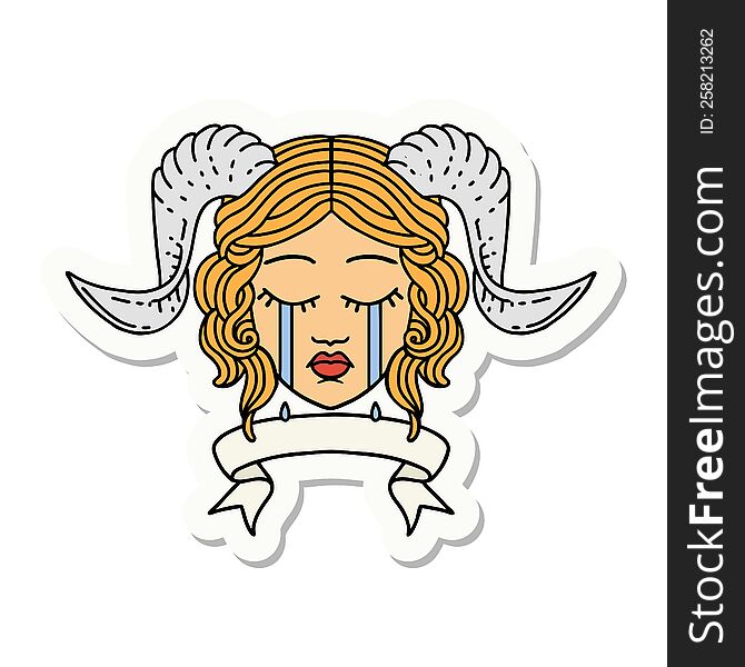 Crying Tiefling With Scroll Banner Sticker