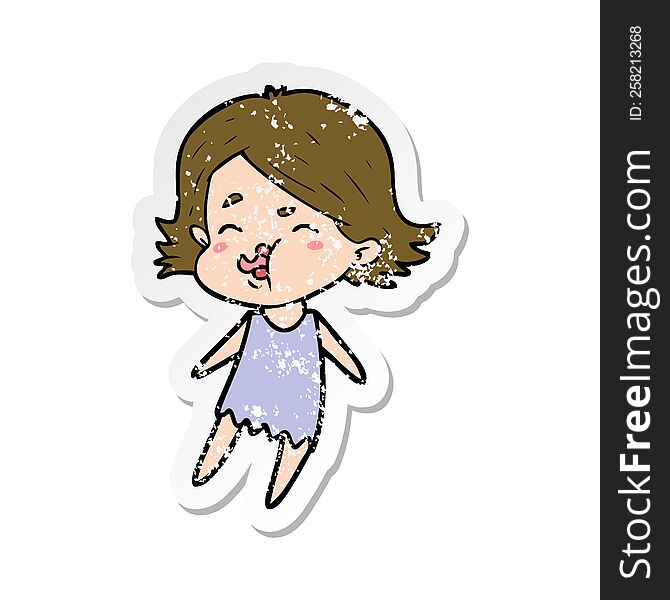 distressed sticker of a cartoon girl pulling face