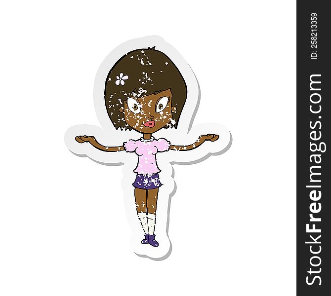 Retro Distressed Sticker Of A Cartoon Woman Making Balancing Gesture