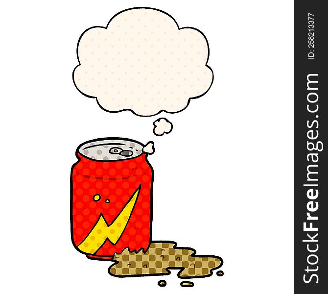 cartoon soda can with thought bubble in comic book style