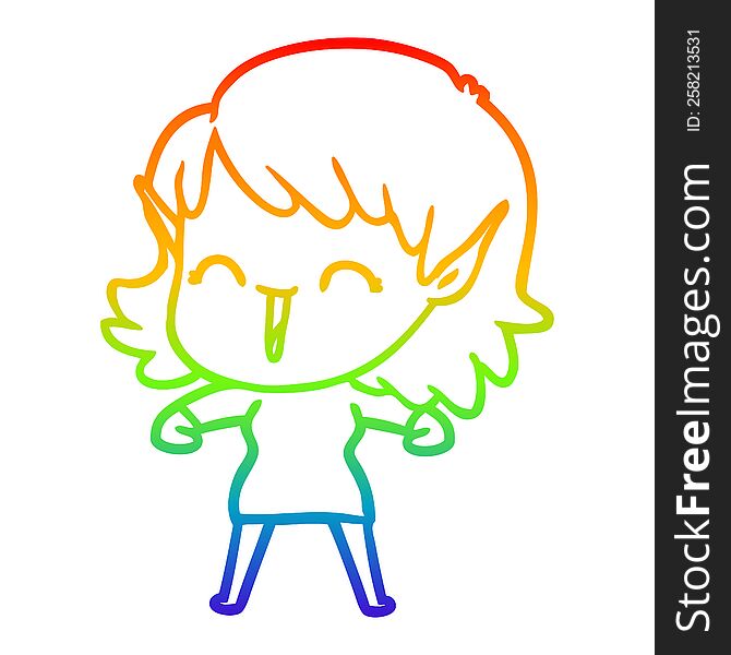 Rainbow Gradient Line Drawing Cartoon Elf Girl