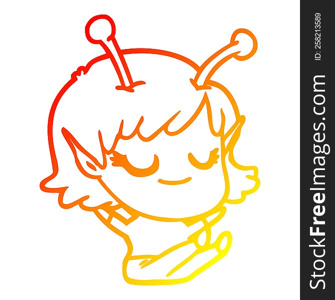 warm gradient line drawing of a smiling alien girl cartoon sitting
