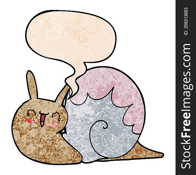 cute cartoon snail with speech bubble in retro texture style
