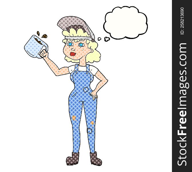 freehand drawn thought bubble cartoon woman in dungarees