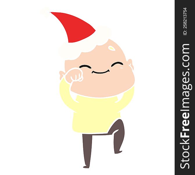 happy hand drawn flat color illustration of a bald man wearing santa hat. happy hand drawn flat color illustration of a bald man wearing santa hat
