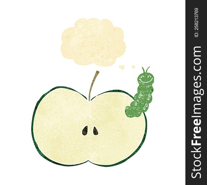 cartoon bug eating apple with thought bubble