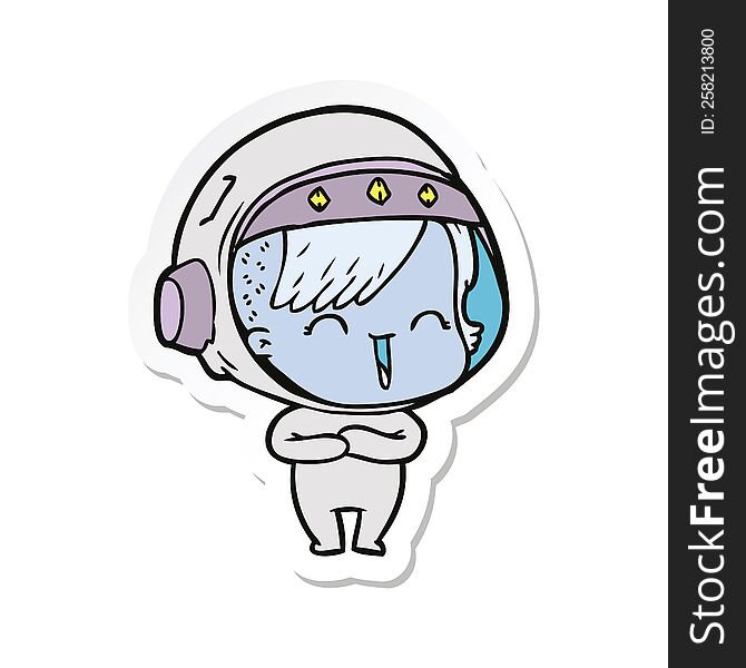 sticker of a cartoon laughing astronaut girl