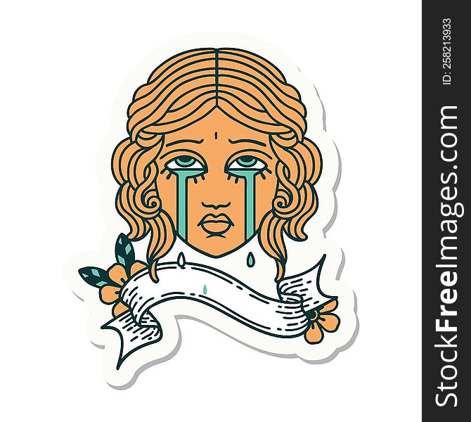tattoo style sticker with banner of female face crying