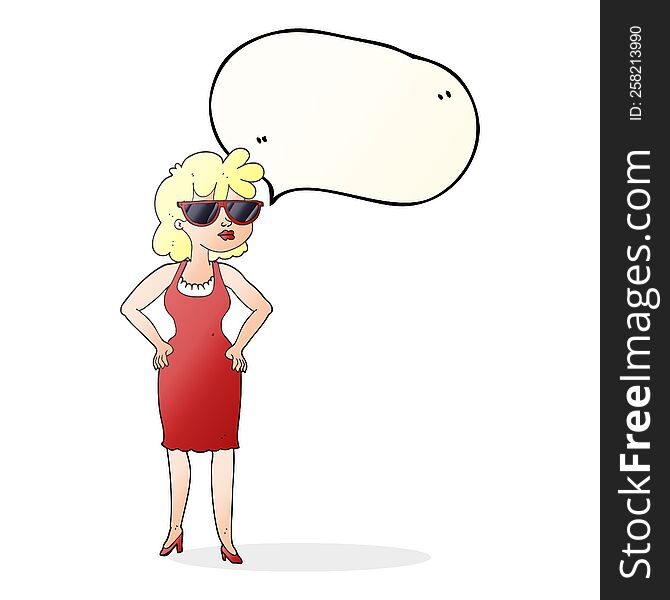 freehand drawn speech bubble cartoon woman wearing sunglasses